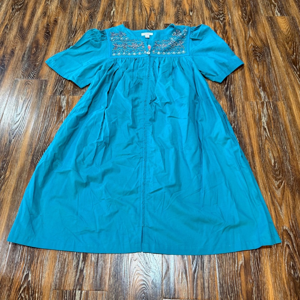 NEW Go Softly Patio Womens L Beaded Zip Front Cotton Lounger Housecoat Dress